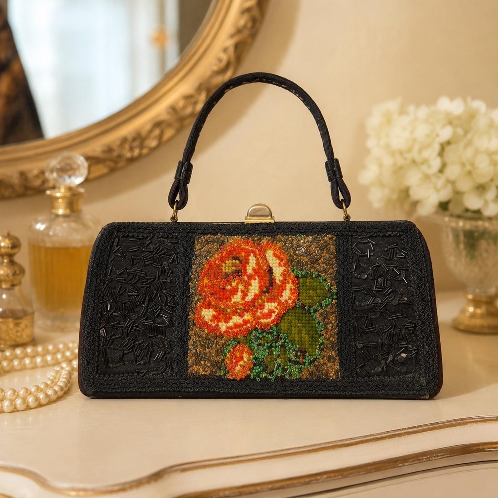 Vintage Caron of Houston Beaded Handbag Black Needlepoint Rose Evening Bag 1950s